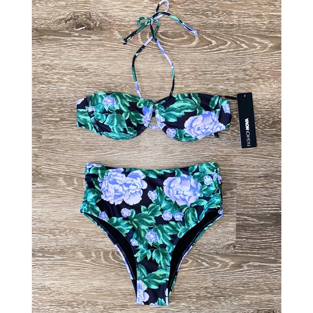New S Fashion Nova Retro Floral Tummy Control High Rise Halter Swimsuit Bikini